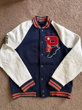Polo Ralph Lauren Blue White Champs Bomber Jacket Bulldog Football Undefeated LT